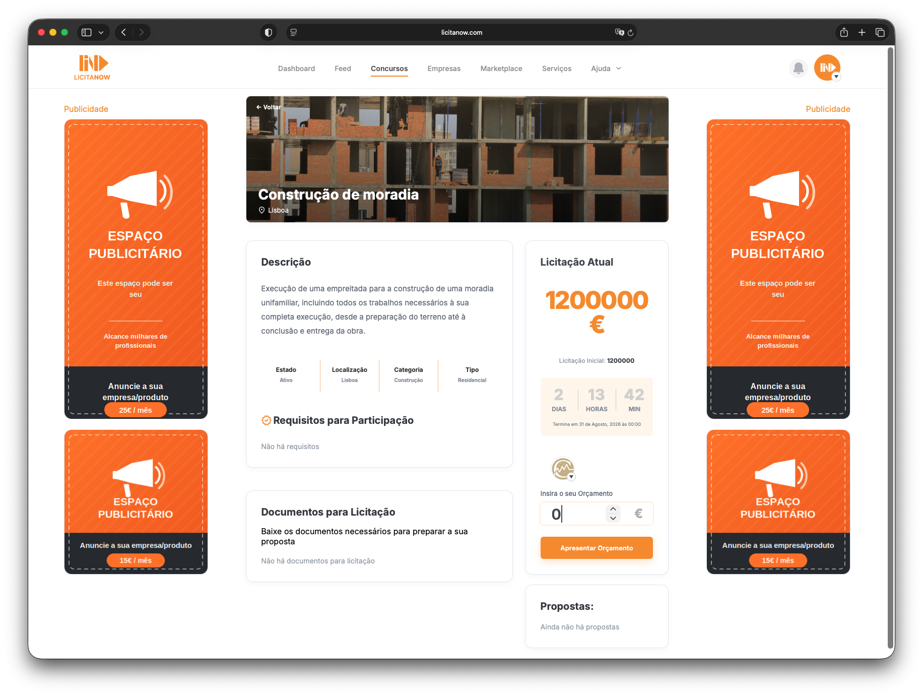 Página do concurso com a descrição, os requisitos, os documentos e o painel de licitação atual, com o campo para inserir o orçamento