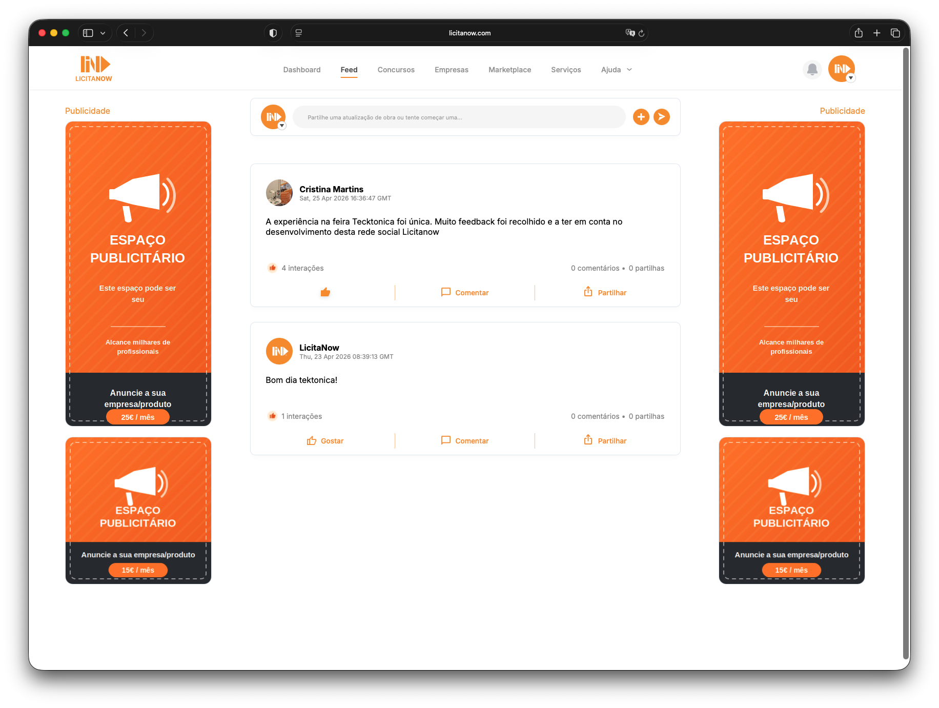 Feed com publicações reais e a barra para partilhar uma atualização de obra